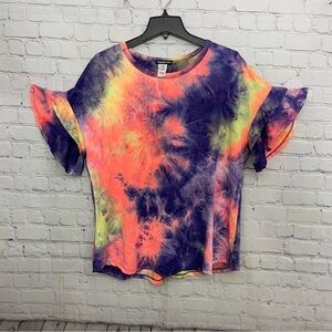 NWOT Purple Orange Neon Green Tie Dye Ruffle Top Casual Shirt Size: Large